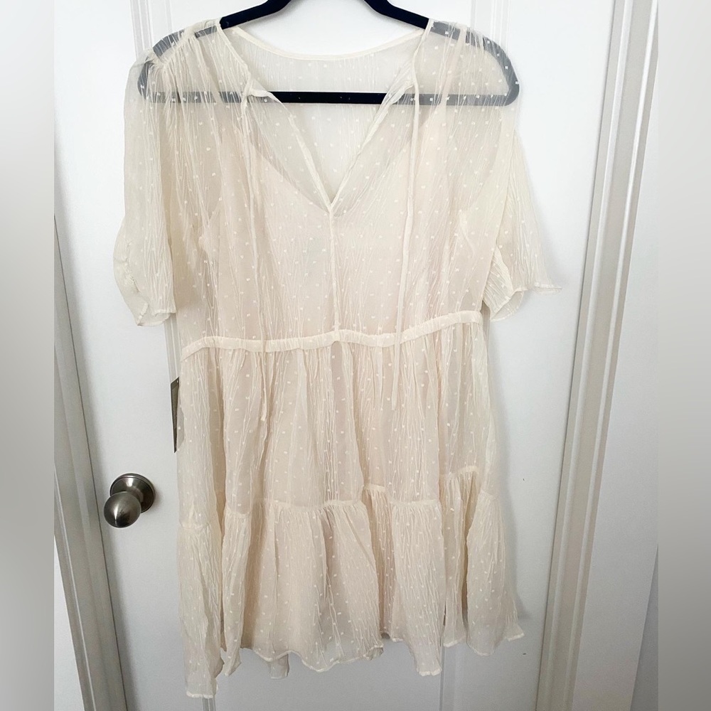 NEVER WORN H&M cream sheer crinkled dress with liner and tie waist - S